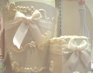 Fabric Covered Waste Basket - Ivory with Ribbon Applique