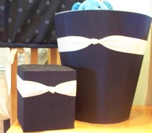 Fabric Covered Waste Basket - Navy Silk with Ivory Ribbon