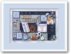 Baby Patchwork Sports Grey and Blue Birth Announcement