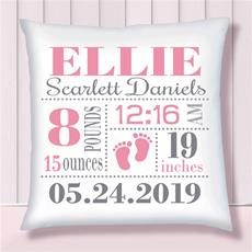 Birth Stats Pillow Baby Feet Pink on White