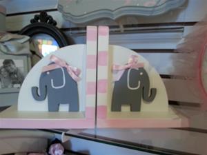 Hand Painted Bookends Elephants in Grey and Pink