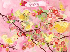 Cherry Blossom Birdies Wall Art Pink and Yellow